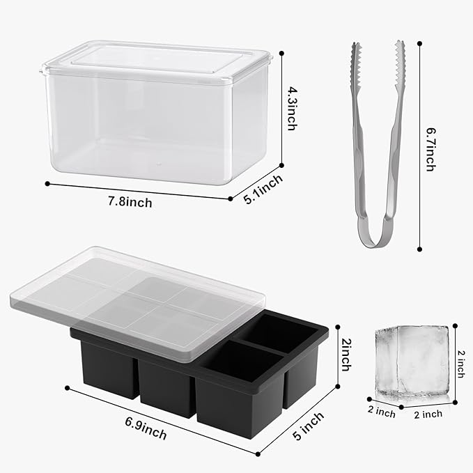 Samuelworld Large Ice Cube Tray with Lid and Bin: 2 Inch Silicone Old Fashioned Ice Cube Mold with Lid and Bin, Big Square Ice Cube Maker for Whiskey-3 Pack (With Ice Tong)