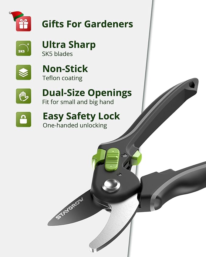 Garden Shears Set: 8.5" Bypass Pruning Shears & 6.5" Straight Trimming Scissors, Ultra-Sharp Garden Scissors with Stainless Steel Blades, Safety Lock, Gardening Gifts for Women Men, 2 Pack