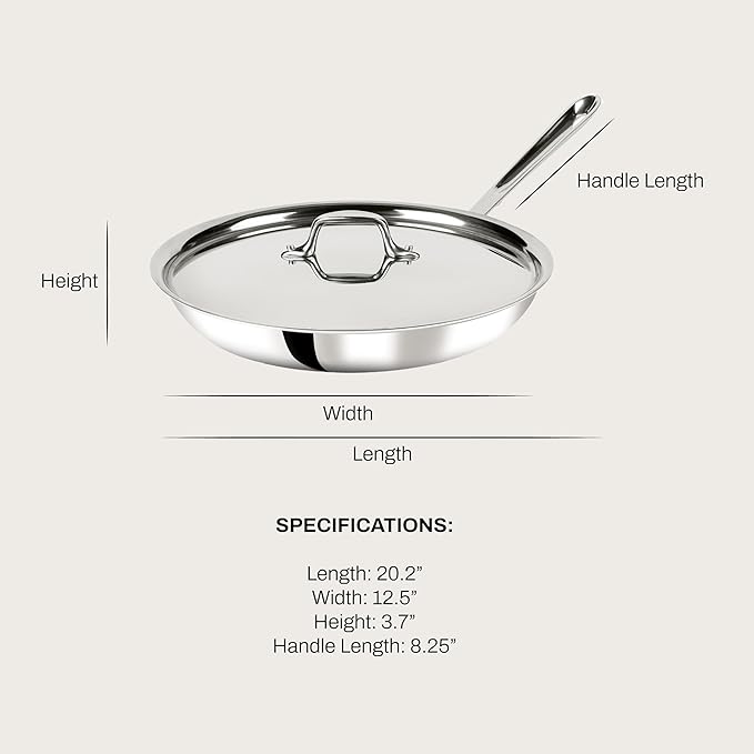 All-Clad D3 12" Stainless Steel Frying pan W/Lid, 3-Ply Stainless Steel Pan, Induction, Oven Broiler Safe 600F Skillet, Professional Cookware, Silver