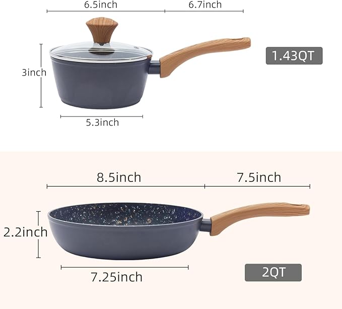 Nonstick Cookware Set, 2-Piece Non-Toxic Coated 8.5 Inch Frying Pan & Saucepan with Lid, PFOA Free Dishwasher Safe, Induction Compatible, Beginner Kitchen Pots and Pans Set, Black