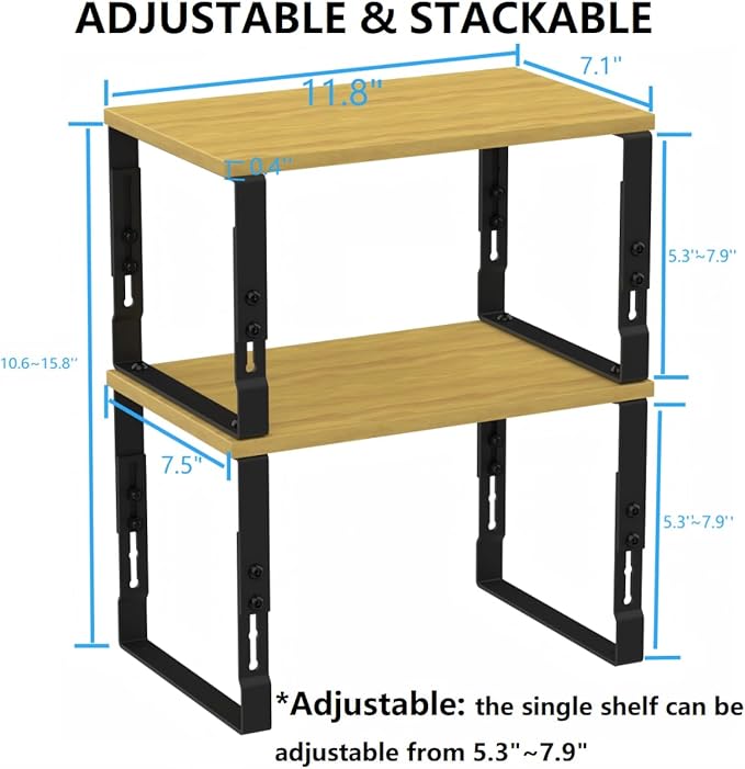 Kitchen Cabinet Organization Shelf，Set of 2 Height Adjustable Storage Racks，Stackable，Expandable，Countertop Shelves Organizer，Pantry Shelving