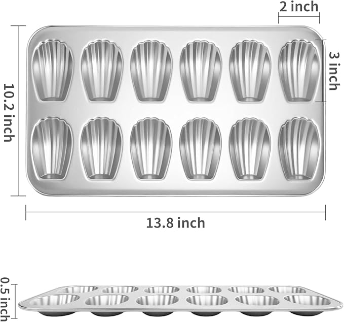 Madeleine Pans Set of 2, Nonstick 12-Cavity Madeleines Mold Cookie Tray for Baking, Heavy Duty Warp Resistant Cute Shell Shape Madeleine Mold Cake Pan - Silver
