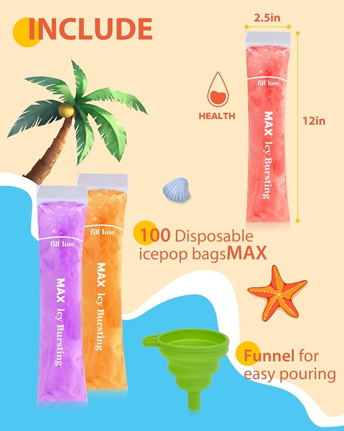 100 MAX Disposable Ice Popsicle Mold Bags (12x2.5") for DIY Natural Fruit Snacks, Juice & Smoothies, Ice Pops Molds | BPA-Free, Zip Seals, Funnel Included