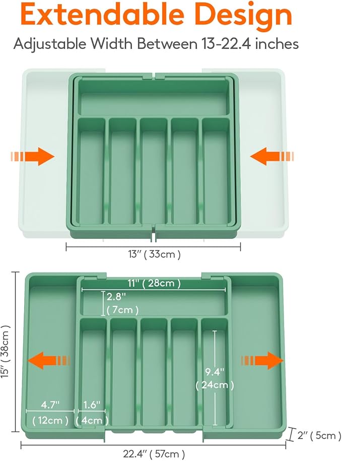 Lifewit Silverware Drawer Organizer, Expandable Utensil Tray for Kitchen, BPA Free Flatware and Cutlery Holder, Adjustable Plastic Storage for Spoons Forks Knives, Large, Green