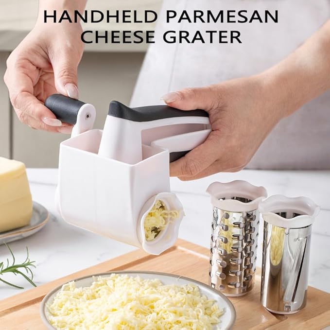 Cheese grater with handle, rotary cheese grater with 3 stainless steel Drums and 2 cheese tools and cleaning brush, ergonomically designed, can be used to grate Parmesan cheese, chocolate, nuts, etc