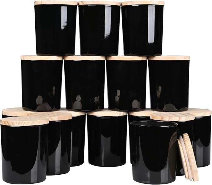 Thick Candle Jars for Making Candles 16 Pcs, 7 OZ Empty Jars with Wood Lids for Candle Making, Sample Container, Light Black