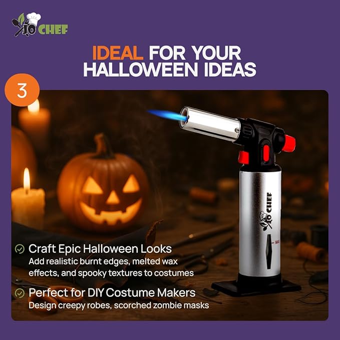 Jo Chef Kitchen Torch With Butane included, Refillable Butane Torch, Creme Brulee Torch, Blow Torch Lighter gun With Safety Lock & Adjustable Flame, 3 Cans (3.38oz) Included