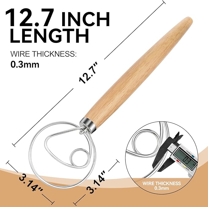 Danish Dough Whisk Dutch Bread Mixer Stainless Steel Hook Wooden Handle Baking Tools for Sourdough Pizza Pastry Cake Batter Making