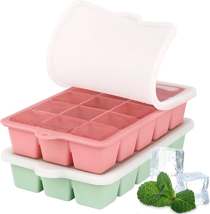 HUAKENER 2 Pack Silicone Ice Cube Tray, Medium Size Ice Cube Trays for Freezer, Stackable Ice Cube Molds with Lid for Whiskey, Coffee, Juice, Baby Food