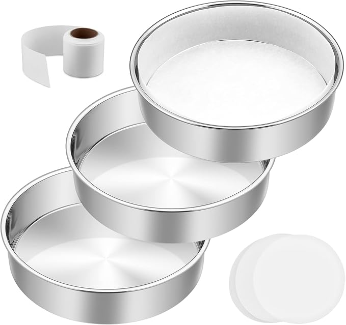 8 Inch Cake Pan Set of 3, E-Far Stainless Steel Round Layer Cake Baking Pans with Parchment Rounds & Side Liner Roll, Non-Toxic & Healthy Metal Cakes Tin, Straight Side & Dishwasher Safe