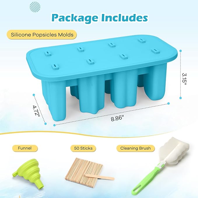 Popsicles Molds, 8-Cavity Silicone Popsicle Molds with 50 Sticks, BPA-Free Ice Pop Mold Popsicle Maker with Funnel & Cleaning Brush for Kids Adult Teens