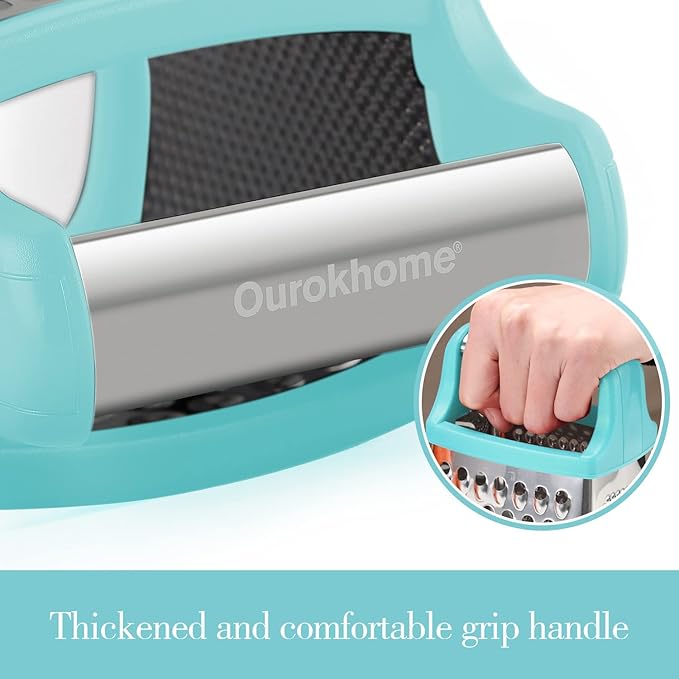 Ourokhome Cheese Grater with Handle, Stainless Steel Box Grater, 4 Side Kitchen Vegetable Shredder Slicer Zester with Container for Parmesan, Cabbage, Ginger, Lemon, Chocolate, Coconut (Teal)