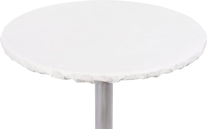 Yourtablecloth Heavy Duty Vinyl Round Fitted Tablecloth (Table Cover) with Flannel Backing Vibrant Colors Elasticized Tablecloth Great for Indoor and Outdoor Dining and Playing Cards 48” White