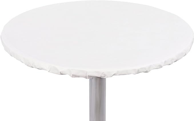 Yourtablecloth Heavy Duty Vinyl Round Fitted Tablecloth (Table Cover) with Flannel Backing Vibrant Colors Elasticized Tablecloth Great for Indoor and Outdoor Dining and Playing Cards 60” White
