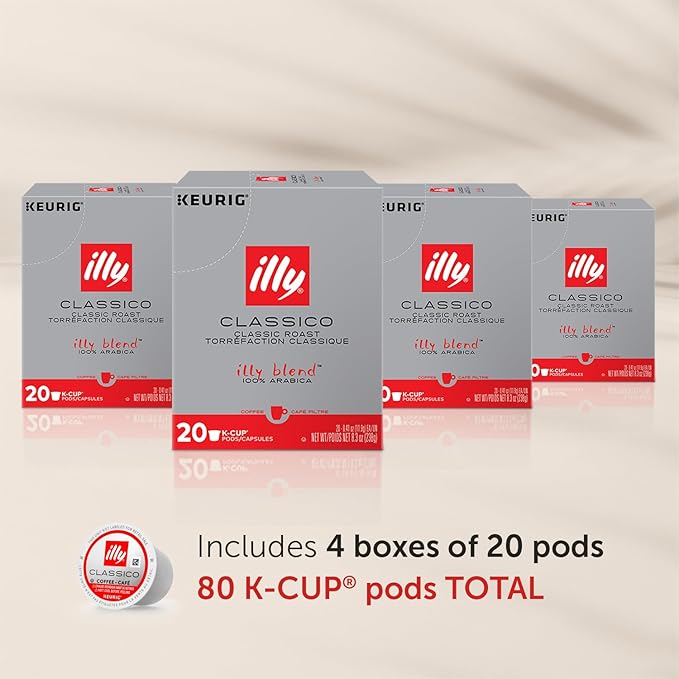 Illy Coffee K Cups - Pods For Keurig Machines – Classico Roast - Caramel, Orange Blossom & Jasmine - Mild, Flavorful & Balanced Flavor- No Preservatives – 20 Count, 4 Pack