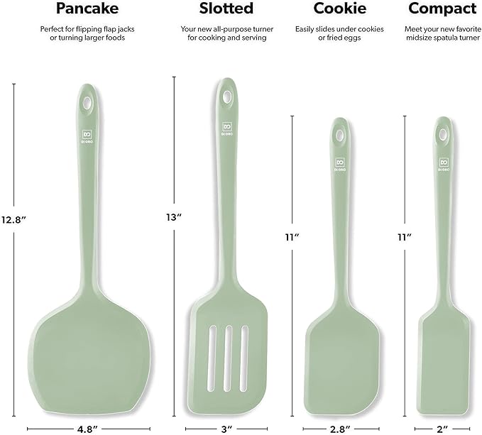 New DI ORO Silicone Turner Spatula Set - Kitchen Spatulas for Nonstick Cookware - Cooking Utensils for Flipping Eggs & Pancakes - 600°F Heat-Resistant BPA Free Turners - Dishwasher Safe (4pc, Sage)