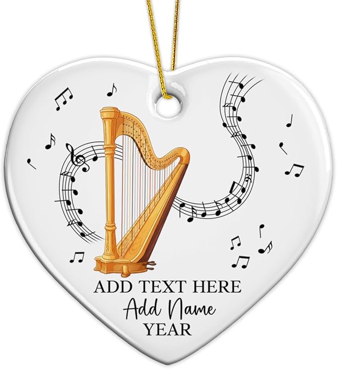 Customized Harp Music Instrument Ceramic Ornaments, Personalized Text Name Year Harpist Christmas Ornament, 2025 Xmas Ornament Gift for Harp Player Teacher Student, Musician Xmas Decorations