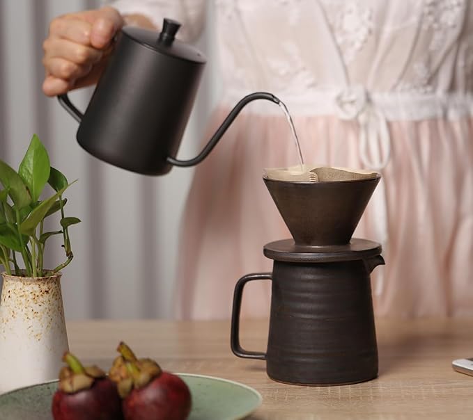 Stoneware Handmade Pour Over Coffee Maker Set, Ceramic Coffee Brewer Hand Drip Cone Dripper & Coffee Pot Microwaveable Decanter, Retro Metallic Glaze, 16oz