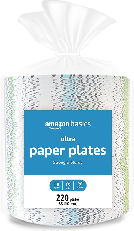 Amazon Basics Ultra Paper Plates, 8.62 Inch, Disposable, 120 Count