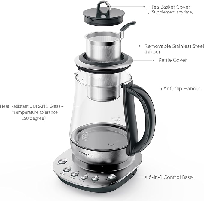 BUYDEEM K2423 Tea Maker, 316 Stainless Steel & Heat Resistant DURAN Glass Electric Kettle, 5 Temperature Settings, Removable Infuser, Auto Keep Warm, 1.2L