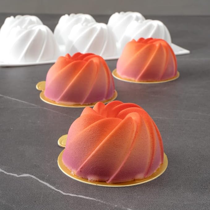 Pastry Tek 6 Cavities Mini Bundt Cake Pan, 1 Oven-Ready Mini Fluted Tube Cake Pan - Flexible, Freezable, White Silicone Baking Mold, Easy Release, For Baking Cupcakes or Donuts - Restaurantware