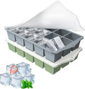 Silicone Ice Cube Tray, 2 Pack Easy-Release Stackable Ice Trays for Freezer with Lid 15 Reusable Cubes, Food Grade BPA Free Ice Molds for Whiskey, Baby Food, Coffee, Cocktail (Grey+Green)