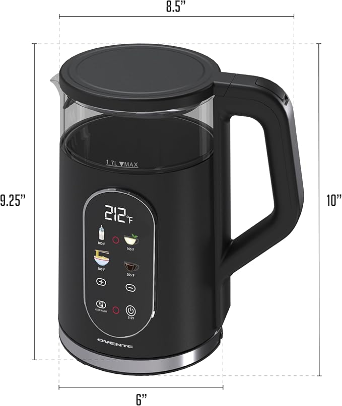 OVENTE Electric Kettle, 1.7L Fast Boiling Water Heater with Digital Touchscreen, Double-Wall Cool Touch Exterior, 5Hr Keep Warm, Auto-Shut Off, Boil-Dry Protection and Borosilicate Glass, Black KD96B