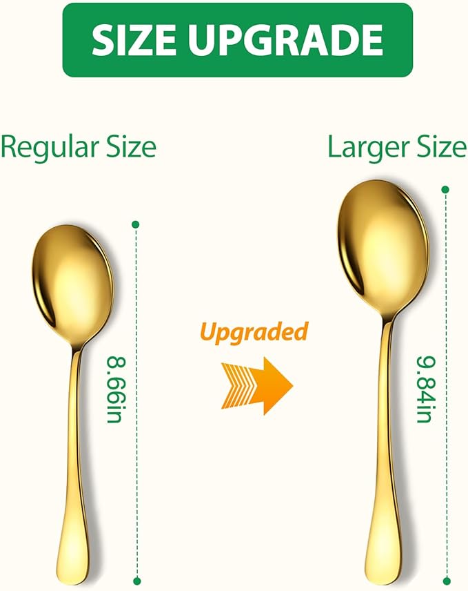 Stainless Steel Serving Spoons Set, 8pc, 10-Inch, Includes 8 Large Spoons, for Parties/Kitchen/Buffet/Catering, Dishwasher Safe, Gold