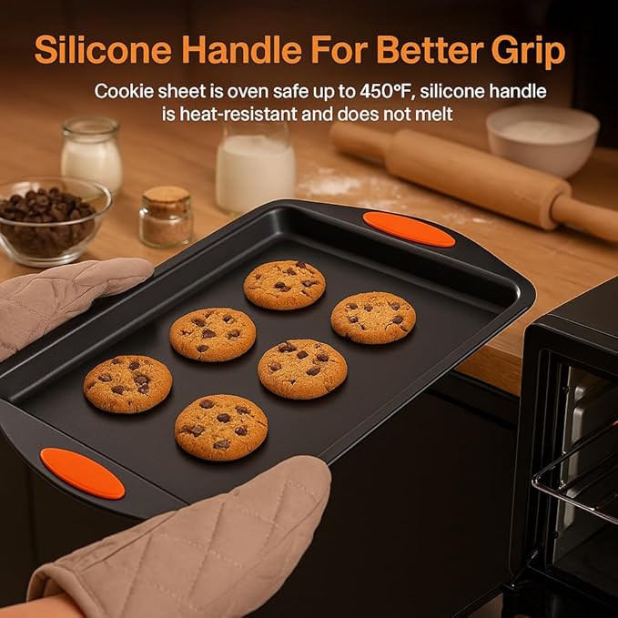 3-Pack Baking Sheet Pan Set, Nonstick Cookie Sheets with Orange Silicone Handles, Easy to Clean Bakeware Trays for Oven Roasting & Baking