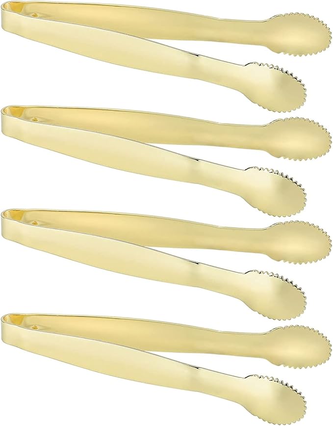 MSY BIGSUNNY 4 Inch Sugar Cube Tongs, Stainless Steel Mini Appetizer Tongs, Small Serving Tongs Tiny Food Clips for Tea Party, Coffee, Bar, Desserts - Set of 4 (Gold)