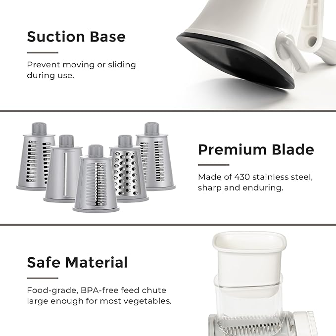X Home 5-in-1 Rotary Cheese Grater for Kitchen, Upgraded Hand Crank Shredder with Stronger Suction Base & Multifunctional Drum Blades, for Cheese, Vegetables and Nuts, Easy to Use and Clean, White