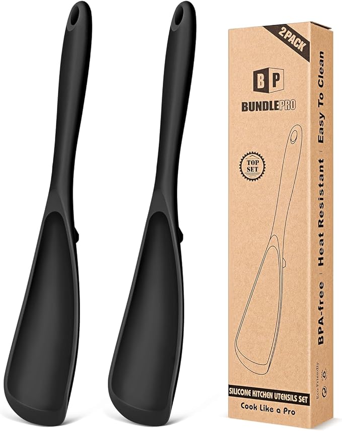 Pack of 2 Cooking Spoons for Non Stick Cookware, Multifunction Spatula Spoon BPA-Free, One-Piece Design, Suitable for Scooping, Scraping, Serving and Mixing (BLACK-BLACK)