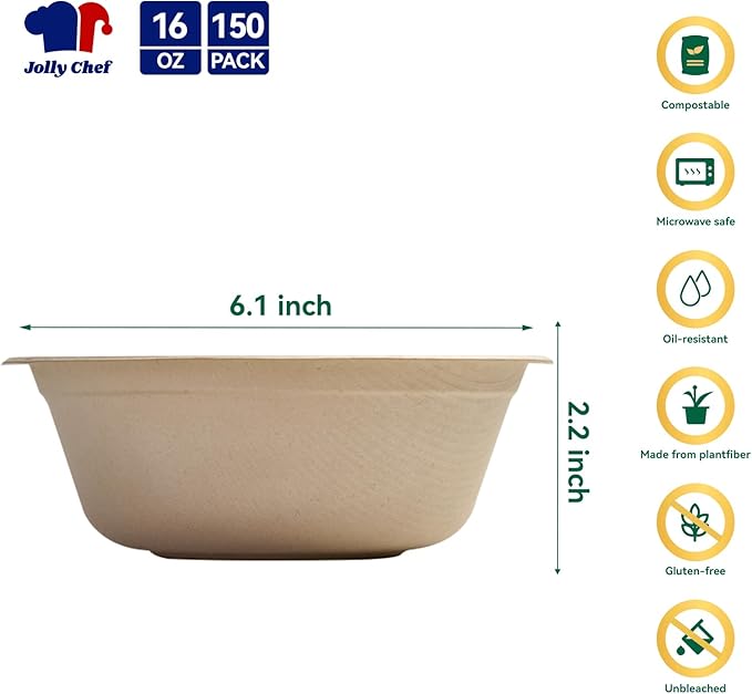 JOLLY CHEF Compostable Disposable Paper Bowl [16 oz] Heavy Duty Soup Containers [150 Pack] Biodegradable Bagasse Hot Cold Eco-Friendly Natural Sugarcane Microwavable Bowls for Thanksgiving Day