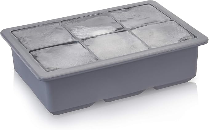 Viski Whiskey Ice Cube Tray with Lid, Large Makes Six 2-Inch Ice Molds, Perfect for Cocktails, Whiskey, Bourbon, and More, Stackable Silicone Molds for Home Bar and Parties, Set of 1, Grey