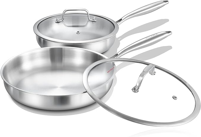 DELARLO Tri-ply Stainless Steel Frying Pan Set with Lid 8" 12" Induction large Skillets Chef's Pan,Pots and Pans Set Kitchen Cookware Set Suitable for All Stove