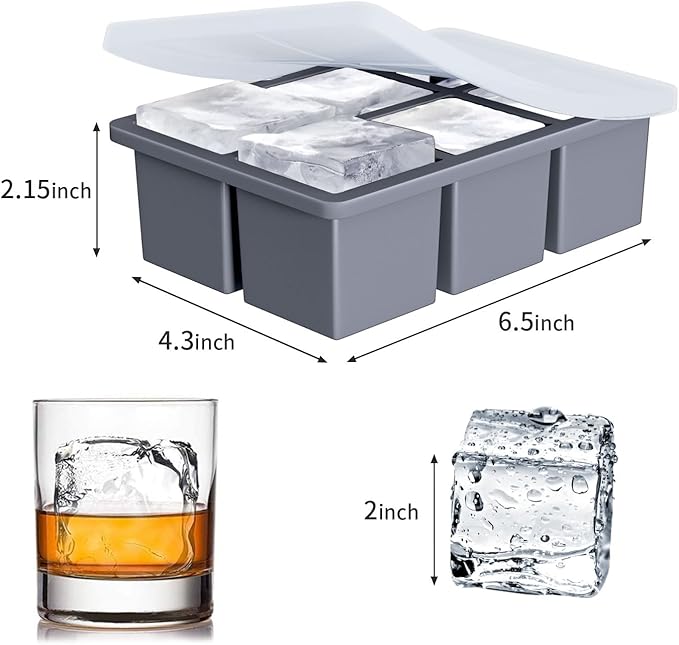 Large Ice Cube Tray for Whiskey: FDDBI Big Square Ice Cube Maker for Cocktail - 3Pack Silicone Old Fashioned Ice Cube Trays - 2inch Huge Cubed Ice Trays for Whisky