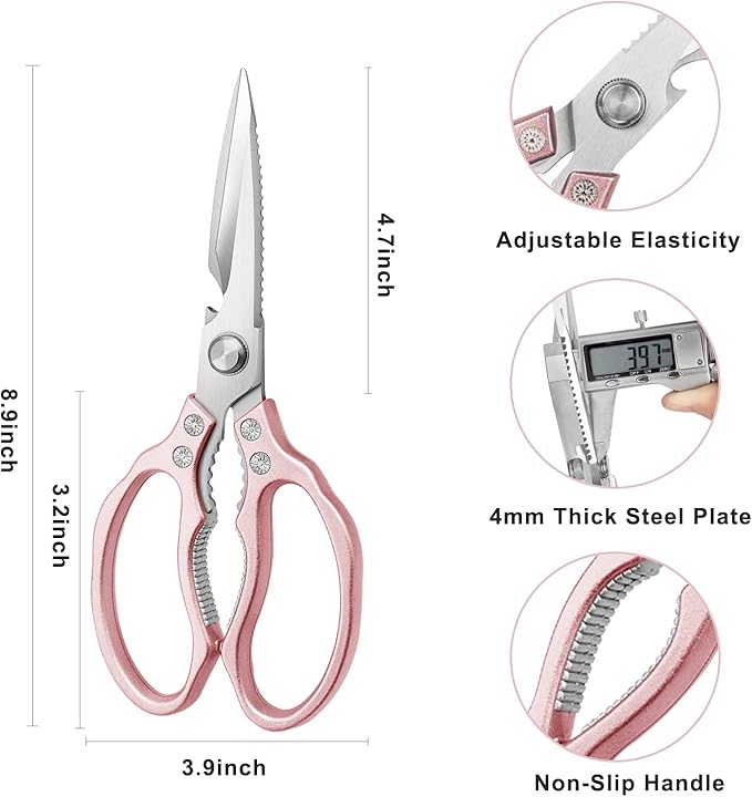 Kitchen Scissors, Heavy Duty Sharp Shears Dishwasher Safe, Rose Gold Cooking Accessories for Meat, Chicken, Fish, Poultry, Herb, Bread