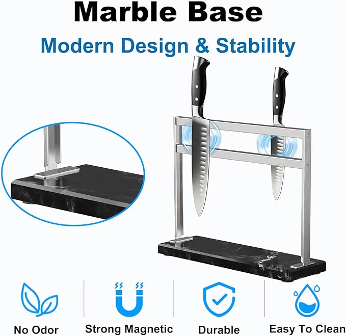 Magnetic Knife Block Stand - Marble Base Magnetic Knife Holder for Counter Top - Double Sided Knife Block without Knives - Stainless Steel Magnetic Kitchen knife holder - Black