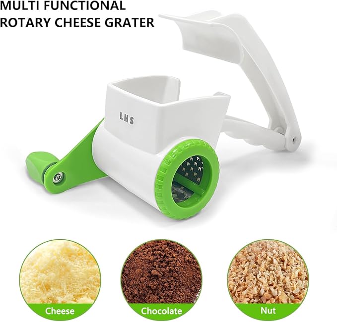 LHS Rotary Cheese Graters for Kitchen, Professional Manual Crank Handheld Cheese Grater with Stainless Steel Drum for Grating Hard Cheese, Chocolate, Nuts and More（Green）