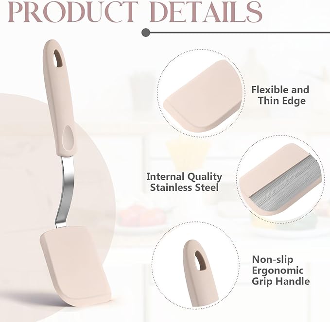 Silicone Cookie Spatula Turner 2 Pack Mini Brownie Spatula Flexible Kitchen Small Silicone Turner for Nonstick Cookware Heat Resistant No Scratch Flipper for Egg Pancake(Khaki)