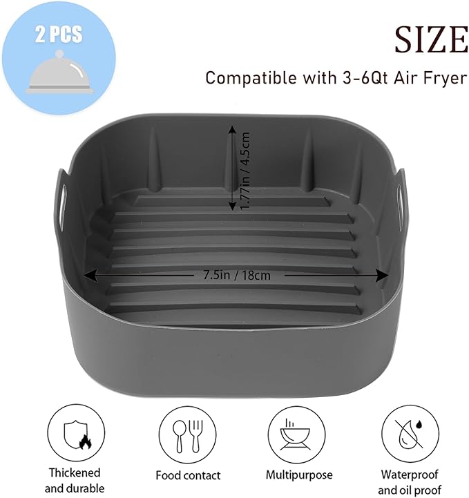 Air Fryer Silicone Liners, Pot 2 Pcs Reusable Non-Stick Air Fryer Basket Bowl Fit 3-6QT Air fryer Baking Replacement of Flammable Parchment Paper(Square, 7.5 Inch)