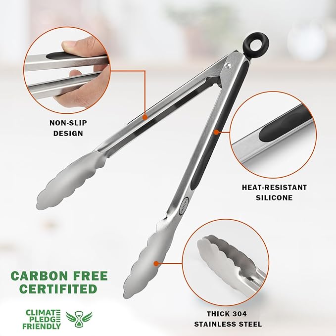 TACGEA Stainless Steel Kitchen Tongs, Silicone Non-slip Grip, Locking Grilling Food Tongs Set of 3-7inch, 9inch and 12inch