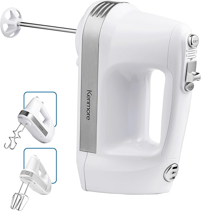 Kenmore Electric Hand Mixer – 5 Speed Handheld Blender, Electric Egg Beater with Whisk, Beater, Dough Hooks, Storage Case, Turbo Boost for Cake Mix, Batidora de Mano Eléctrica