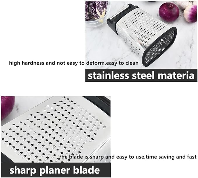 Stainless Steel 4 Sides Grater Slicer with Handle, Multifunctional Cutter Planing for Ginger, Garlic, Cucumbers, Carrots, Cheese, Potato, Ergonomic Design Kitchen Gadgets Accessories（Black）