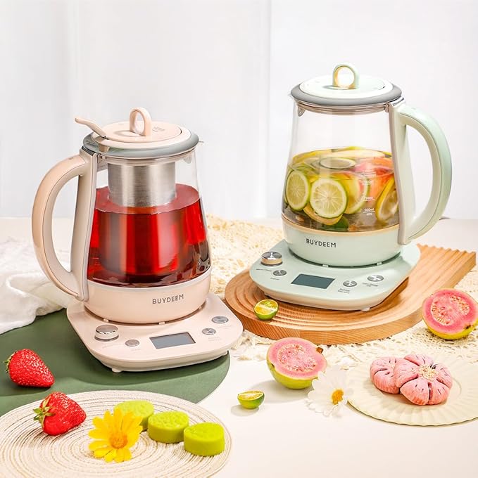 BUYDEEM Health Pot K2763-BA-PK Lite, Glass Electric Kettle for Tea & Coffee, Hot Water Boiler and Wamer with Stew Pot, Temperature Control, Pink, 1.5L