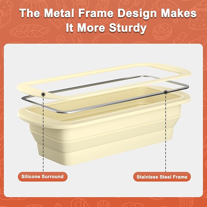 Premium Non-Stick Silicone Bread Loaf Pan with Heavy-Duty Steel Frame,Silicone Baking Mold – Perfect for Pound Cakes, Breads (9"x4"x2.5", Beige, 1 Piece)