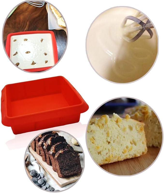 8x8 Inch Silicone Square Cake Baking Pan, Deep-Dish Roasting Lasagna and Casserole Baking Pan,+9.5in Silicone Heart Baking Bakeware Brownie Pan ,Non-Stick Easy Demoulding Set of 2-Red