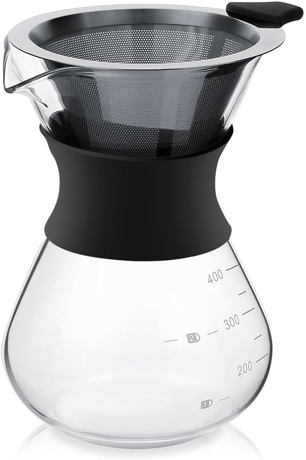 Zopsc 400ml Manual Hand Drip Glass Coffee Maker Pot with Stainless Steel Filter, Marks, Fine Mesh, Suitable for Kitchen, Dining Table, Easy to