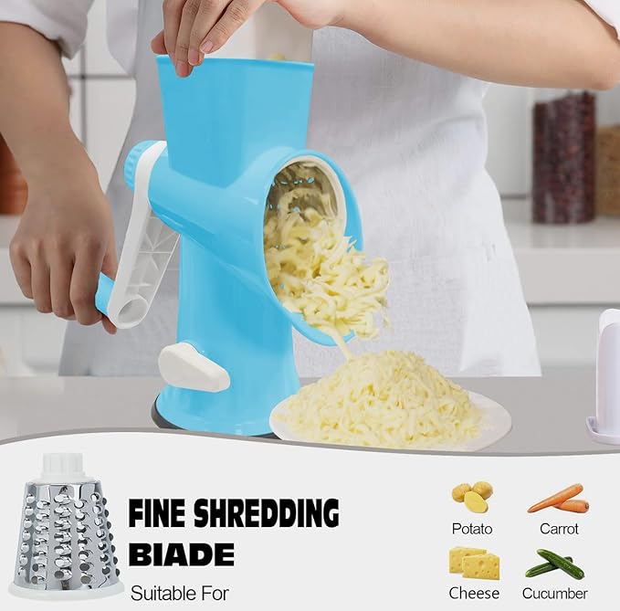 Cheese Grater MultiFunction Rotary Cheese Grater Hand Crank – Cheese Shredder Effortlessly Shred,Slice,Chop.Applicable to Cheese, Vegetables,Fruits,Nuts,Non-Slip Suction Base,Easy to Clean (blue)