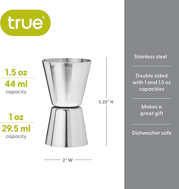 True Big Jig Cocktail Measuring Jigger for Bartending, Durable Stainless Steel Double Jiggers, Bar Tools, Home Bar Accessories 1 oz & 1.5 oz, Set of 1
